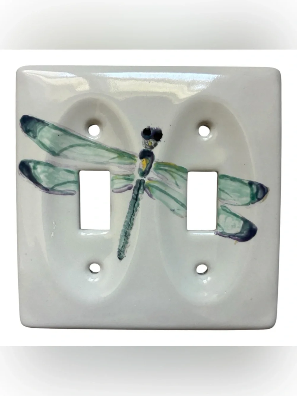 Dragonfly Double Toggle Ceramic Wall Switch Plate White Green Fairycore